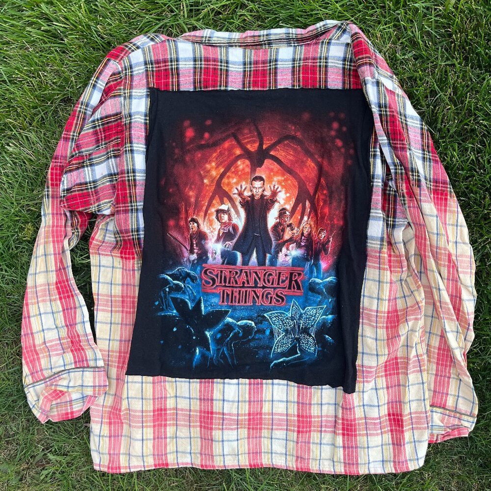 Adult XL Stranger Things Ombré Bleach Dye Band Flannel Shirt